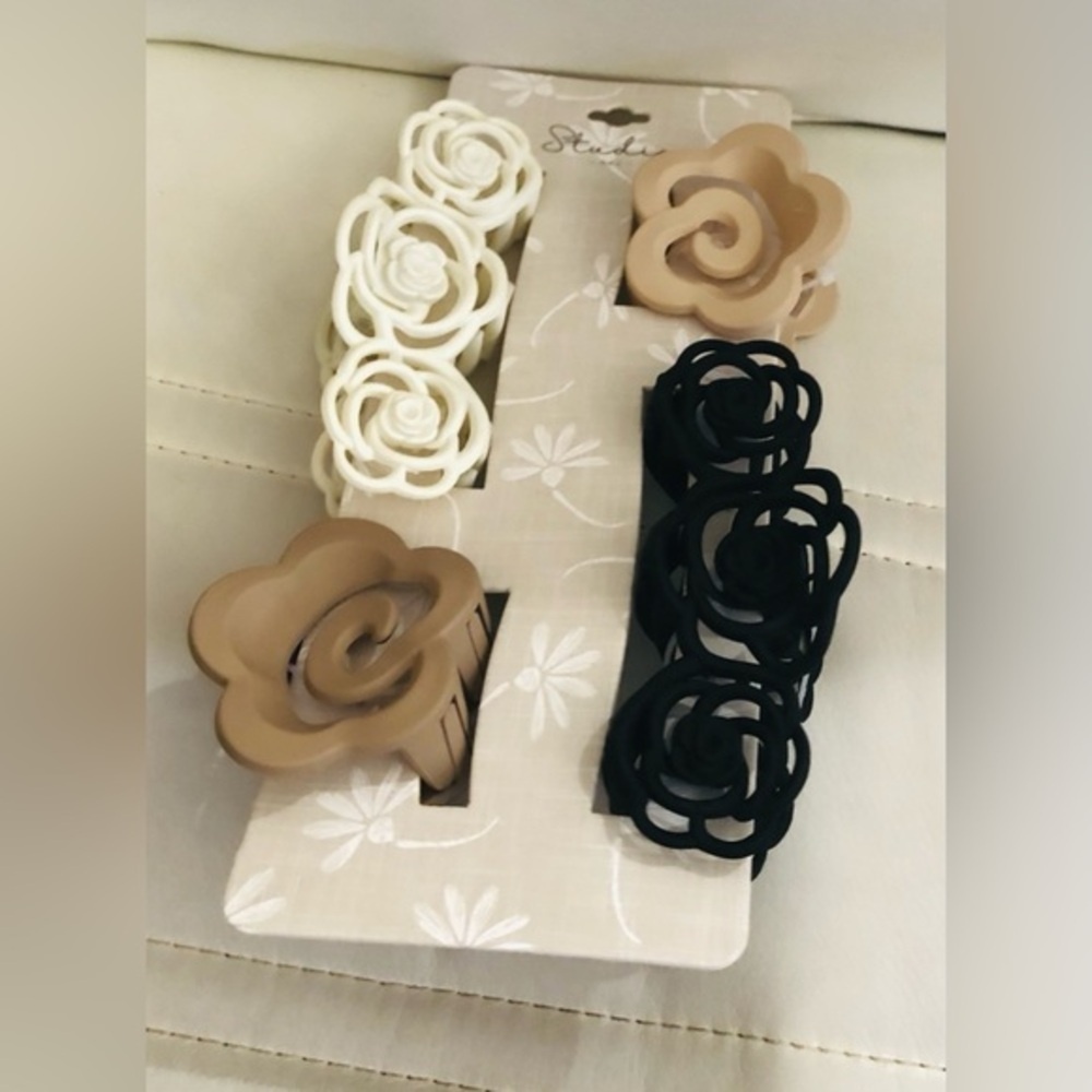 4pack Beautiful 3D roses rosette black brown cream hair jaw clips new